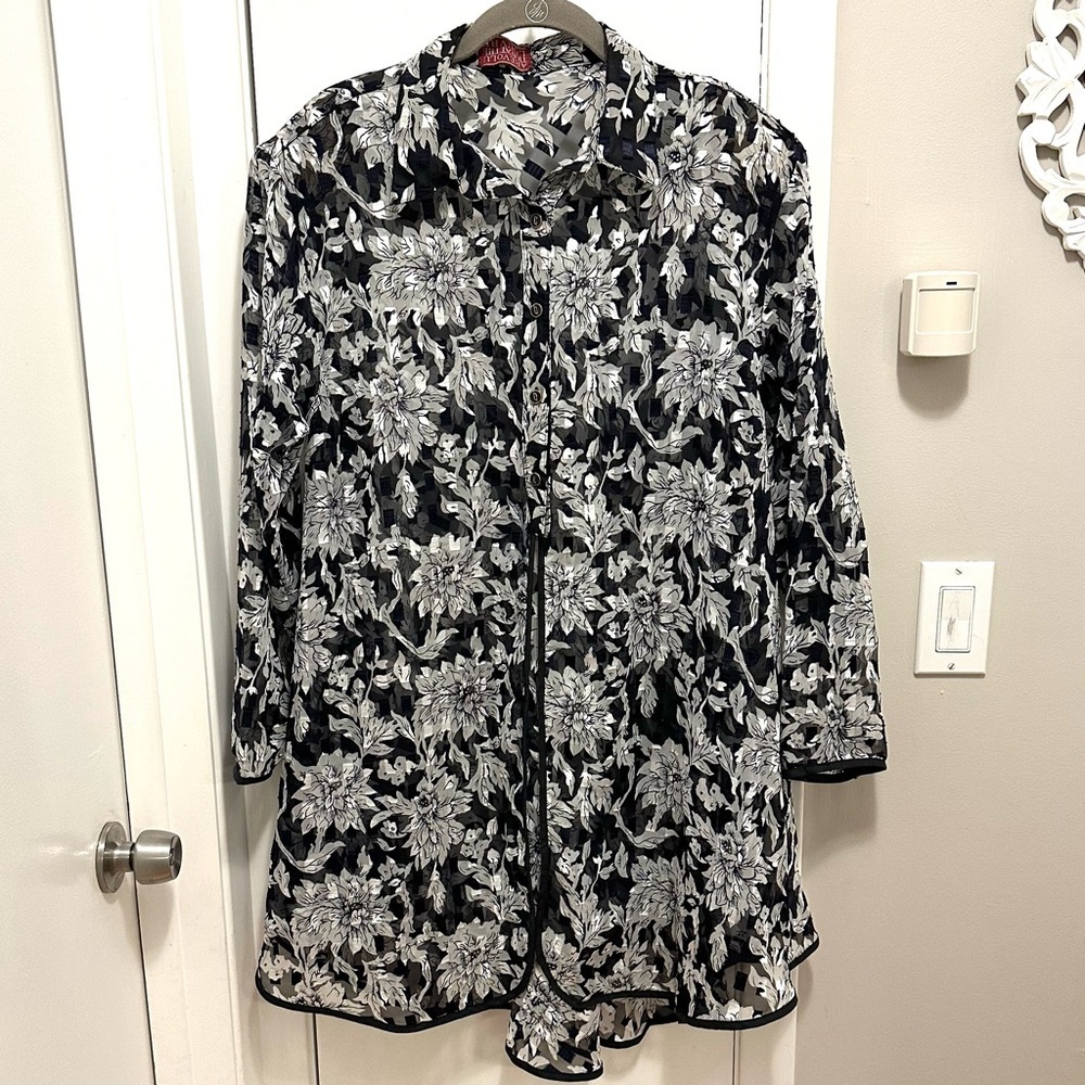 Vintage A Revolution At The Louvre Floral Half Button Semi Sheer Tunic Blouse XL